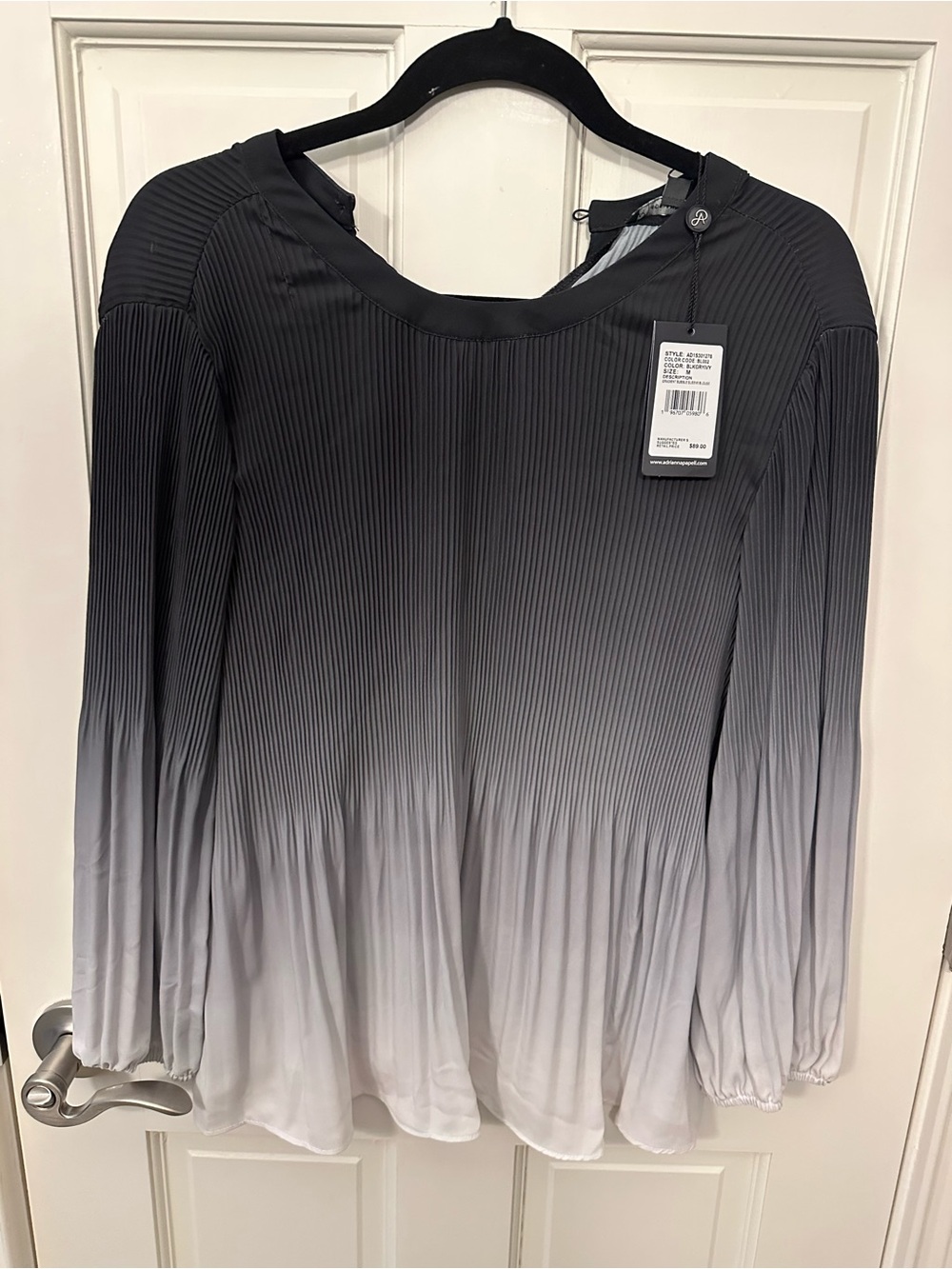 Adrianna Papell Black to Gray Ombre Pleated Long-Sleeve Blouse